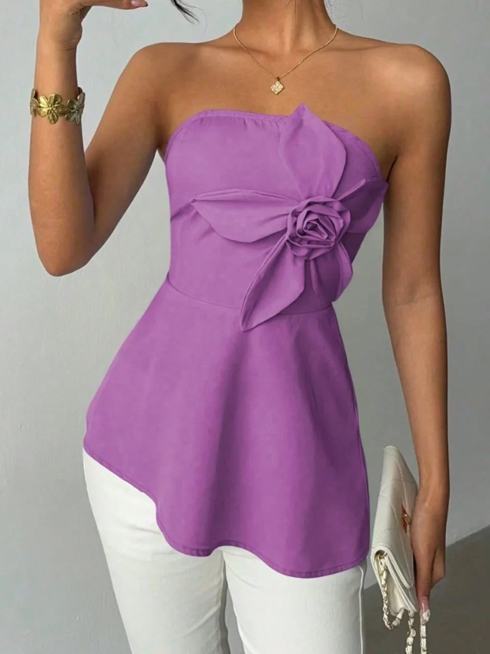 Purple Casual Women's Elegant 3d Floral Asymmetrical Hem Tube Top Party